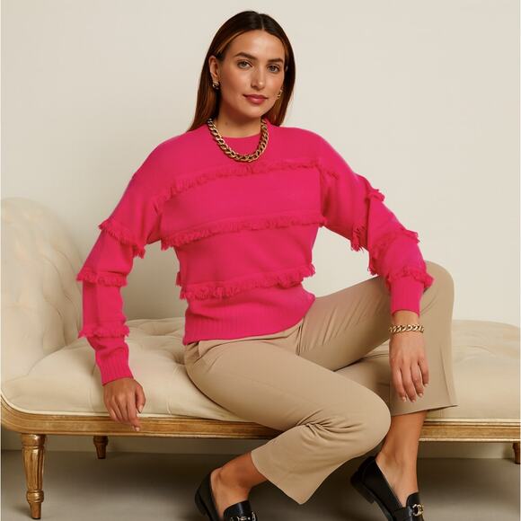 BRODIE CASHMERE Faye Fringe Cashmere Crew Sweater Hot Neon Pink Sz S {3K34} - Picture 1 of 6